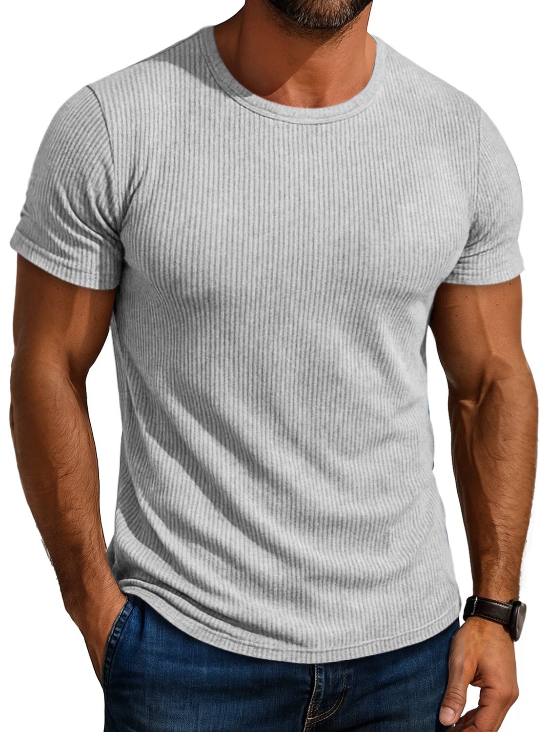 Men's Daily Round Neck Ribbed Casual Comfortable Solid Color Short-sleeved T-shirt