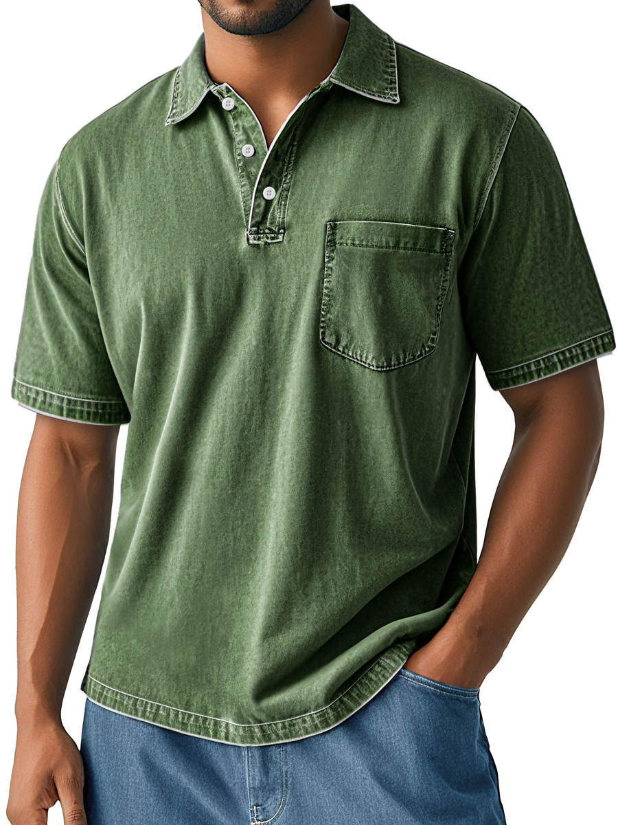 Men's Retro Washed Casual Lapel Pocket Comfortable Short Sleeve Polo Shirt