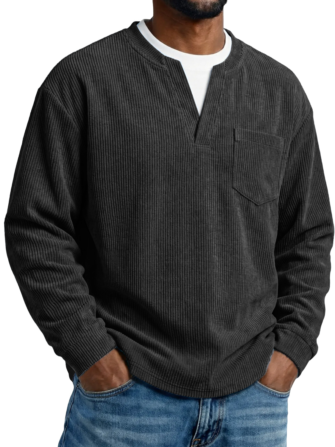 Men's Everyday Corduroy Faux Two-piece Casual Pocket Long-sleeved T-shirt