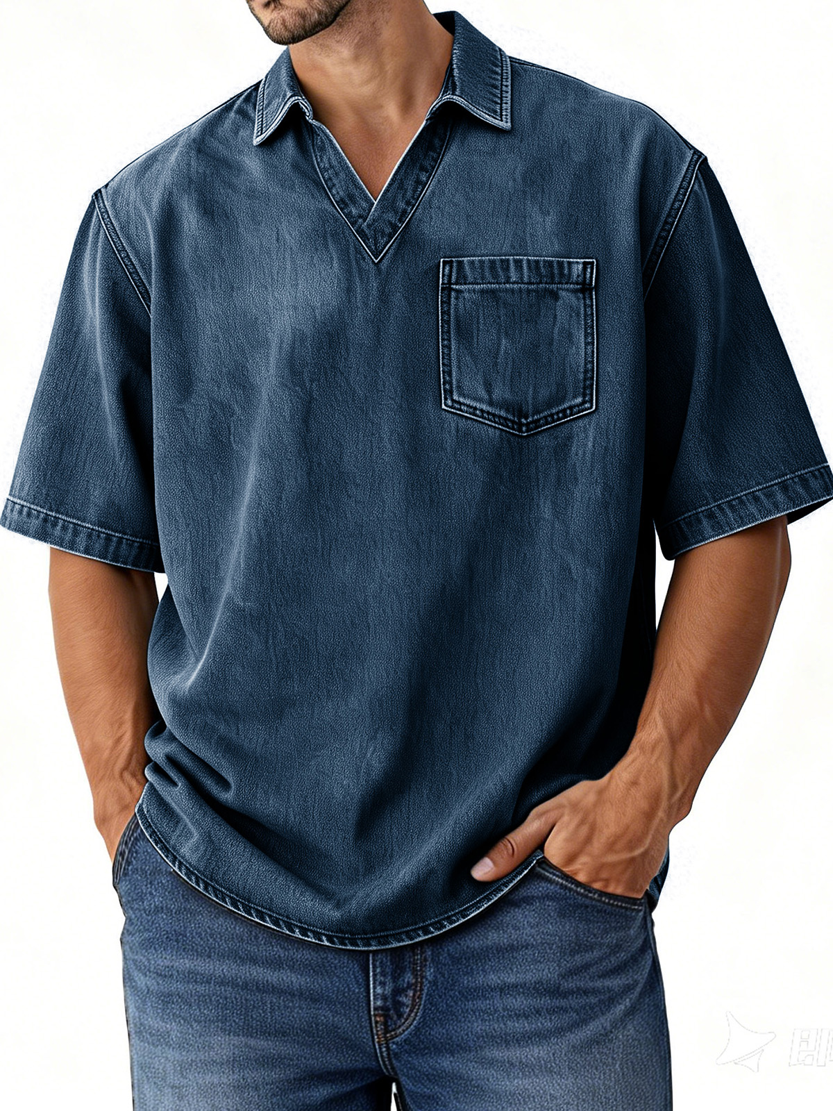 Men's Retro Distressed V-Neck Pocket Short-Sleeve Polo Shirt