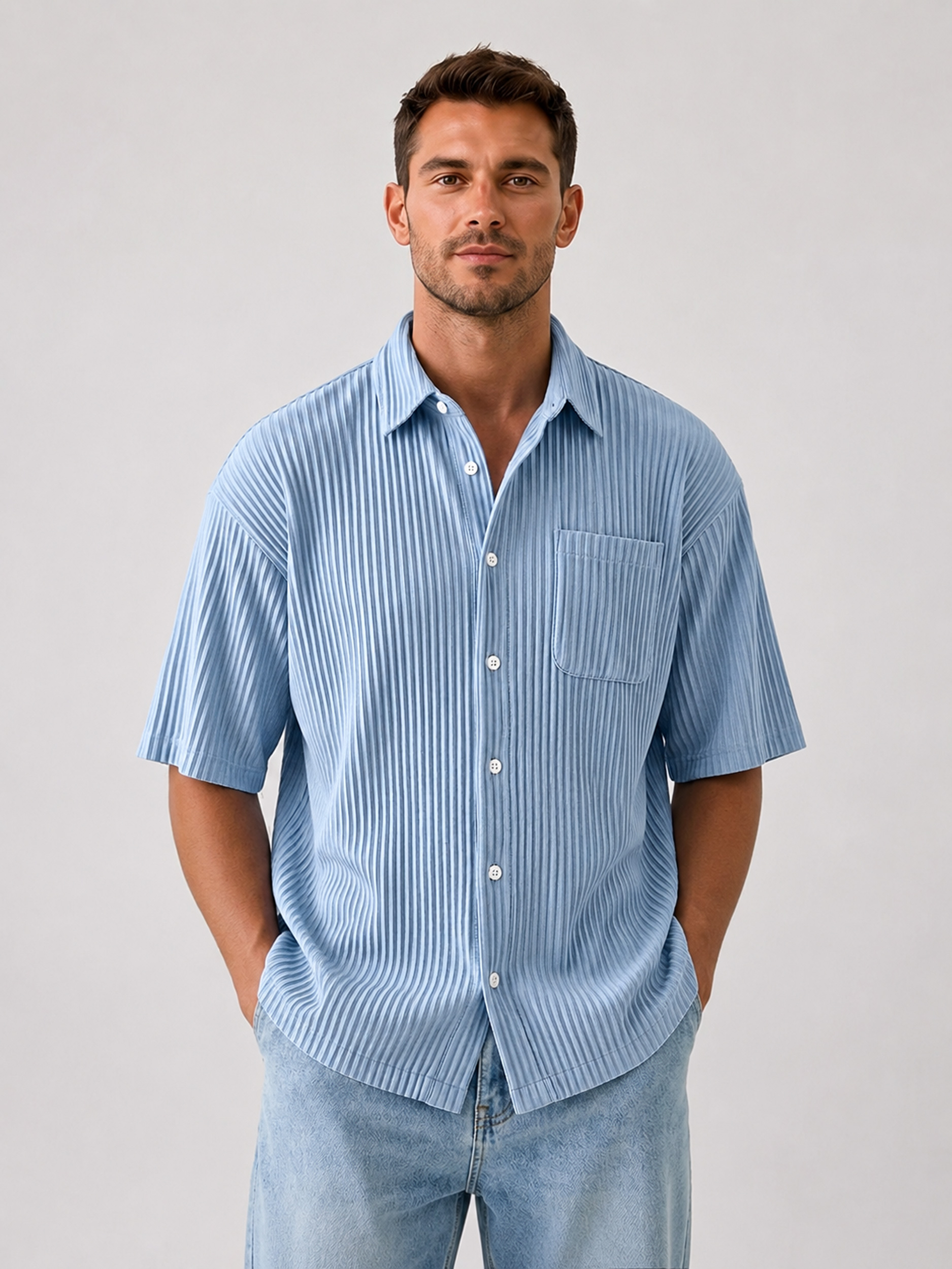 Men's Comfortable Textured Solid-Color Short-Sleeve Casual Shirt