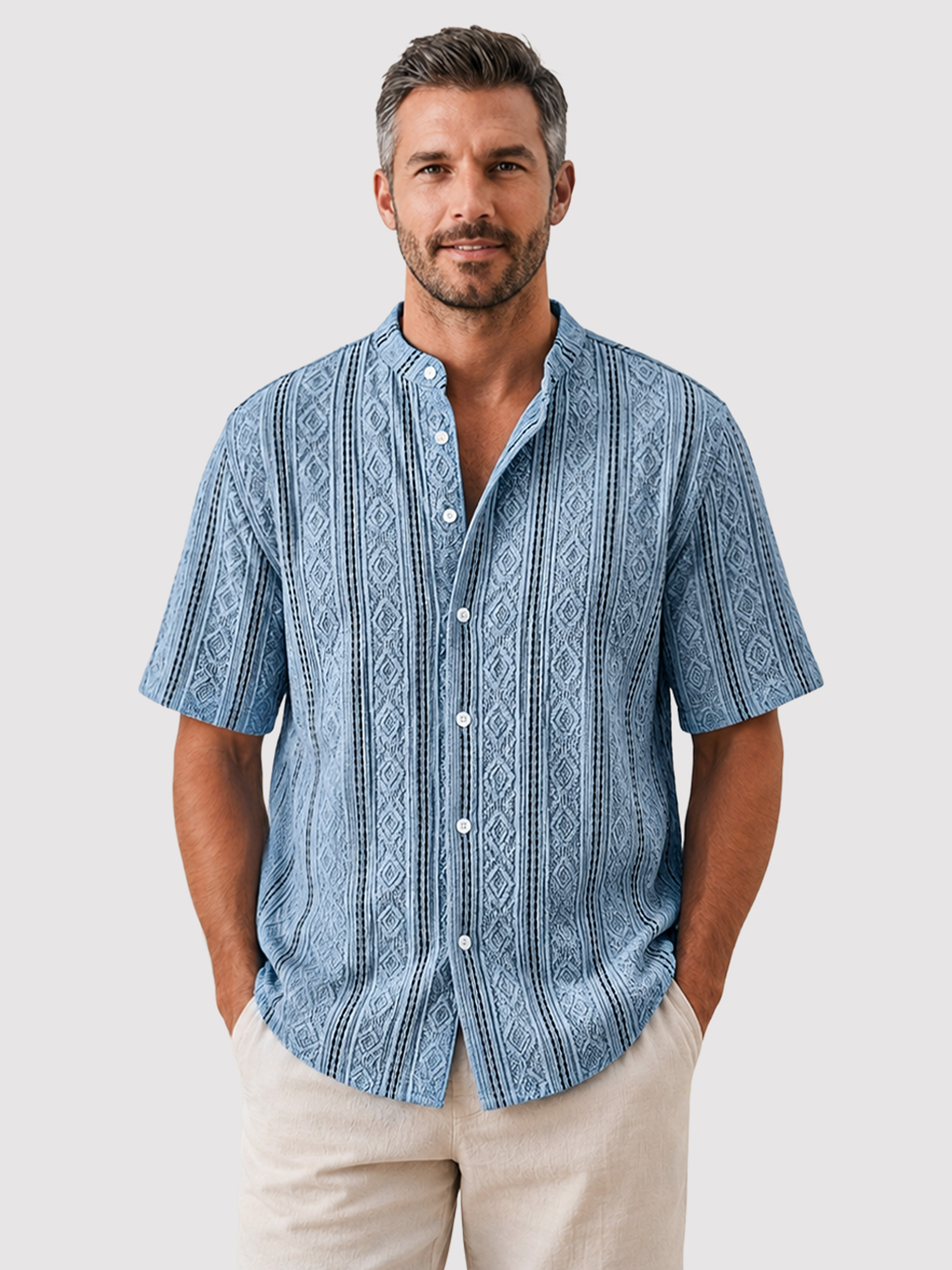 Men's Short-Sleeve Casual Shirt with Stand Collar and Textured Jacquard Finish