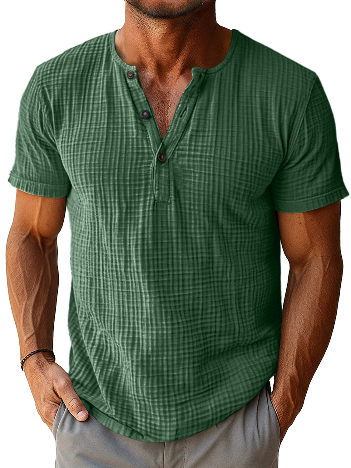 Men's Retro Everyday Pleated Texture Button Solid Color Short Sleeve Henley Shirt