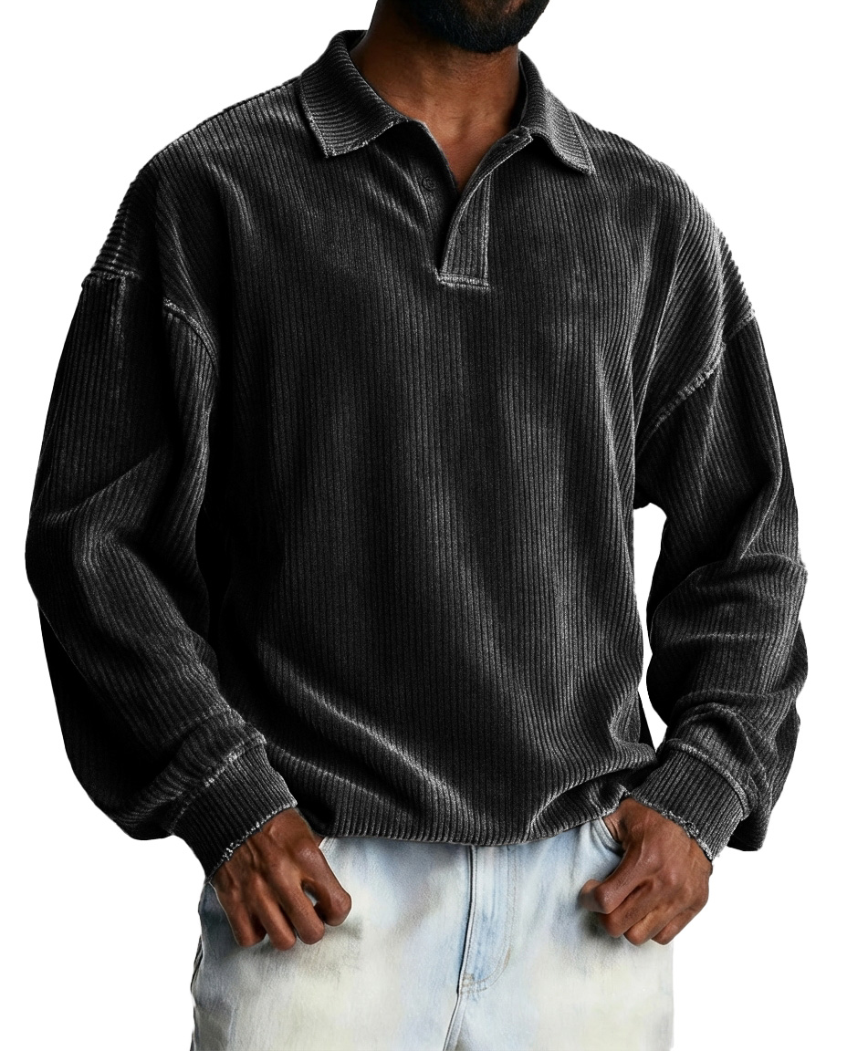 Men's Fashionable Retro Striped Fabric Loose-Fit Collar Polo Shirt