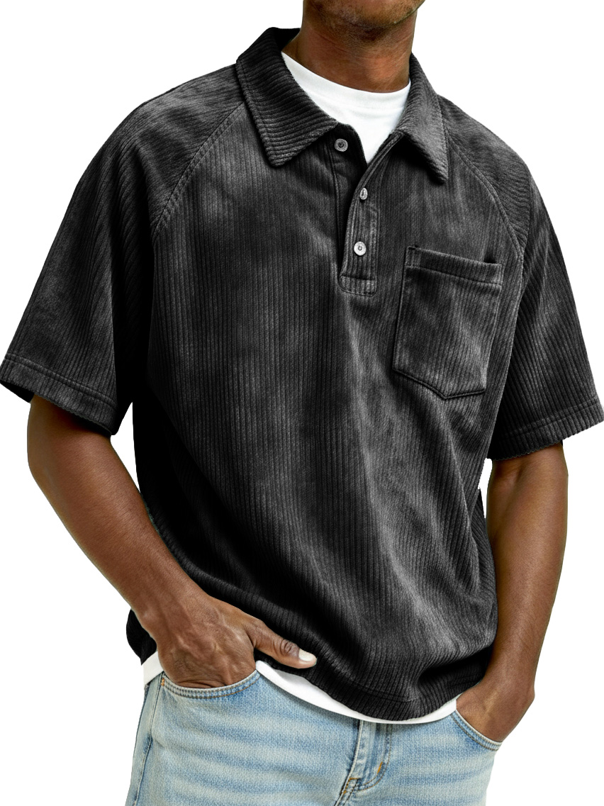 Men's Retro Raglan Corduroy Loose Pocket Short-Sleeve Polo Shirt