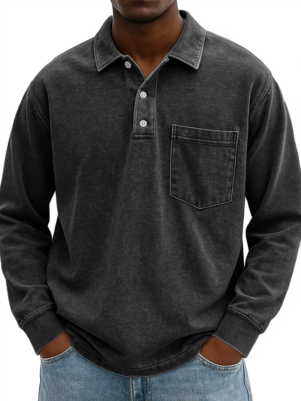 Men's Stylish Vintage Distressed Pocket Lapel Long-sleeved Polo Shirt