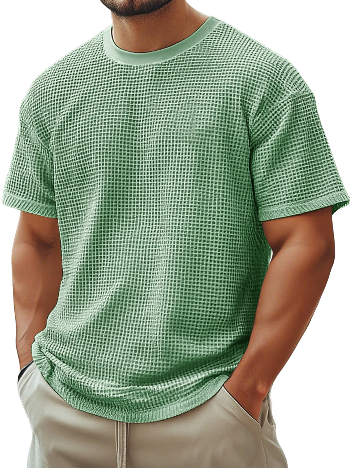 Men's Retro Crew Neck Waffle Casual Short Sleeve T-Shirt