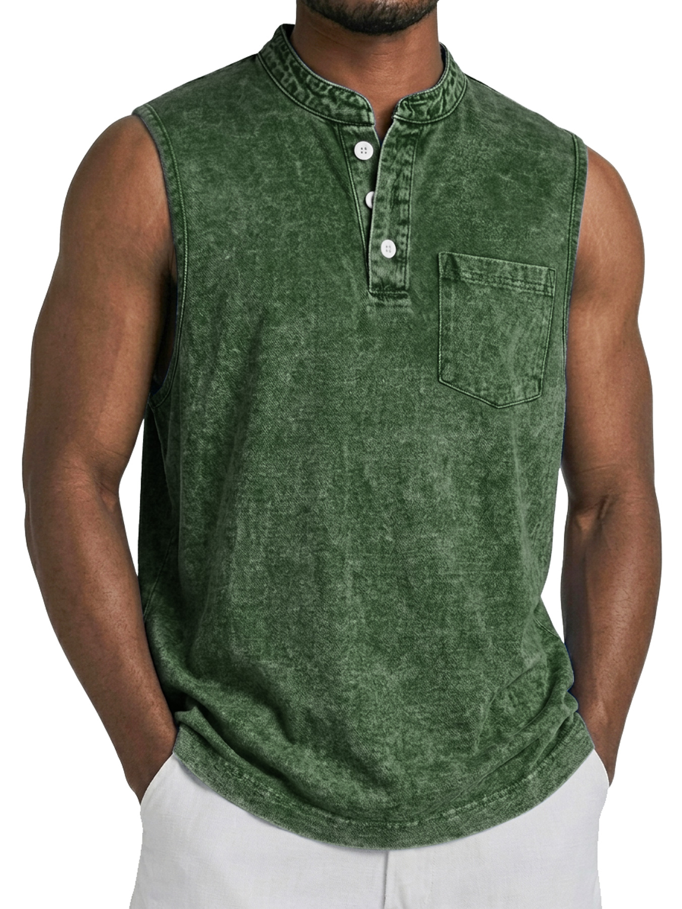 Men's Retro Stand Collar Button Casual Pocket Sleeveless Vest