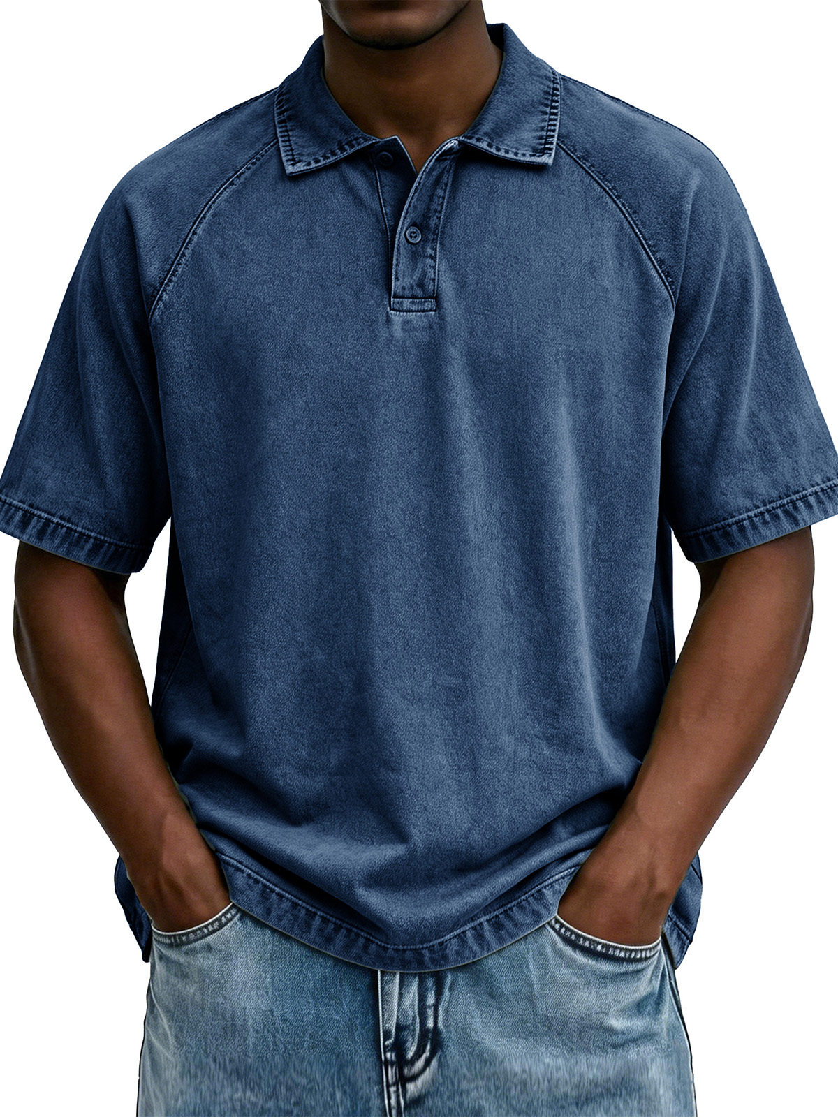 Men's Fashionable Raglan Distressed Collared Loose Short-Sleeve Polo Shirt