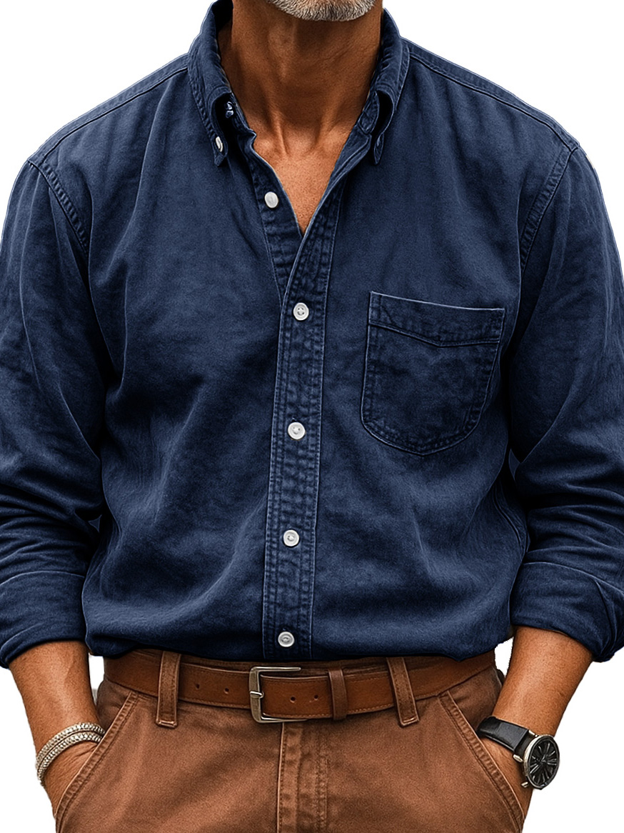 Men's Wear Fashionable Retro Vintage Vintage Pocket Lapel Loose Long-sleeved Shirt