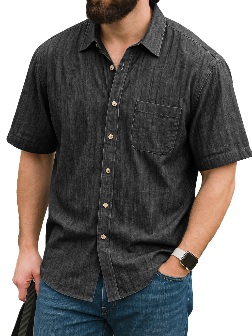 Men's Fashion Daily Linen Fabric Pocket Short-sleeved Lapel Shirt