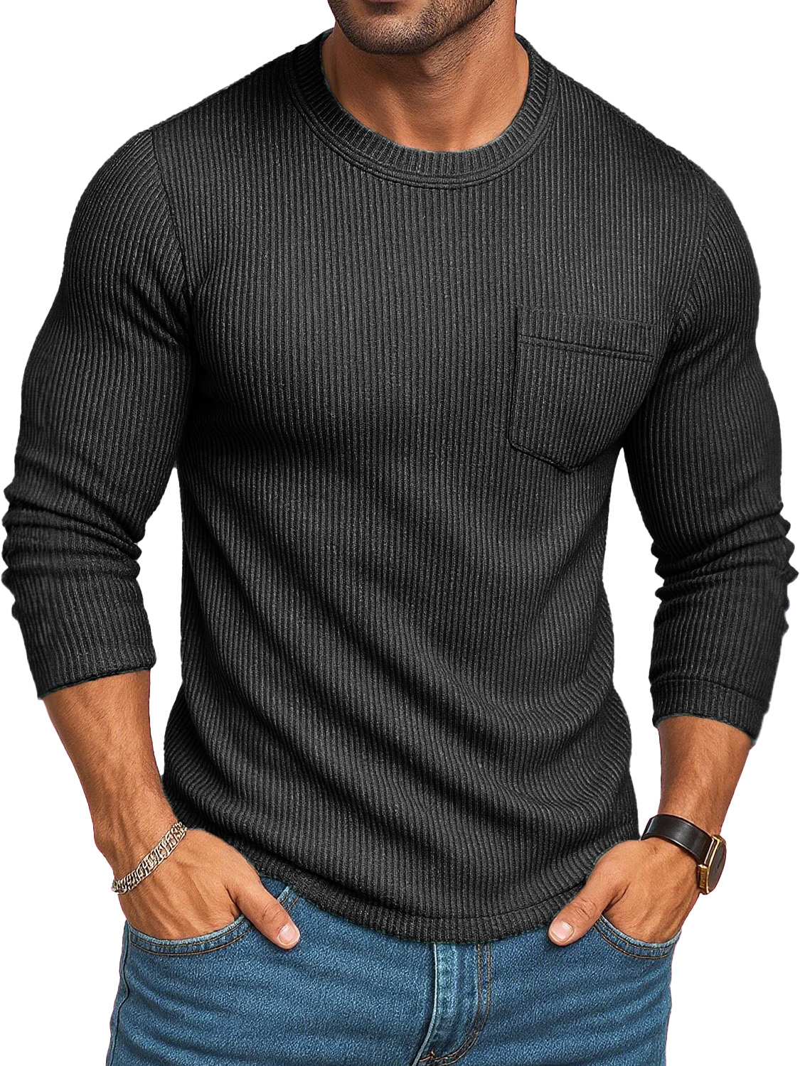 Men's Stylish Casual Retro Round-neck Ribbed Fabric Long-sleeved Pocket T-shirt