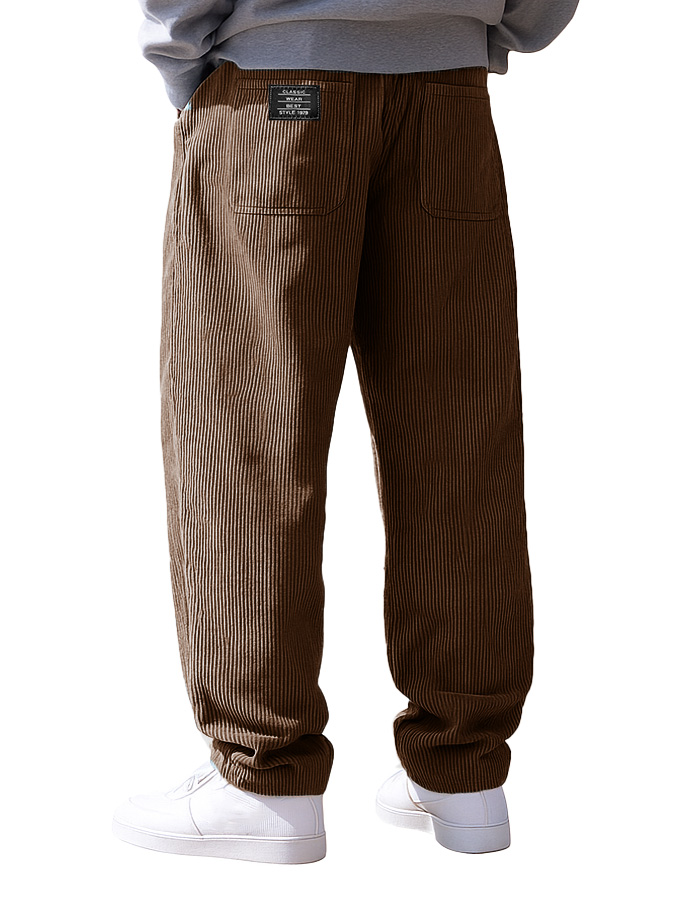 Men's Stylish Everyday Corduroy Fabric Pocket Loose Drawstring Elastic Waist Embroidered Logo Trousers