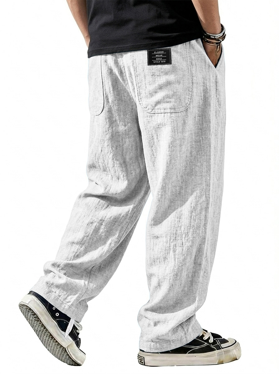 Men's Breathable Cotton-Linen Casual Trousers with Embroidered Logo