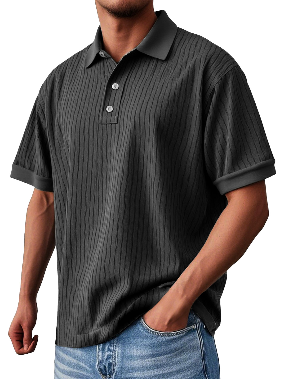 Men's Fashion Daily Textured Fabric Loose Pocket Lapel Polo Shirt