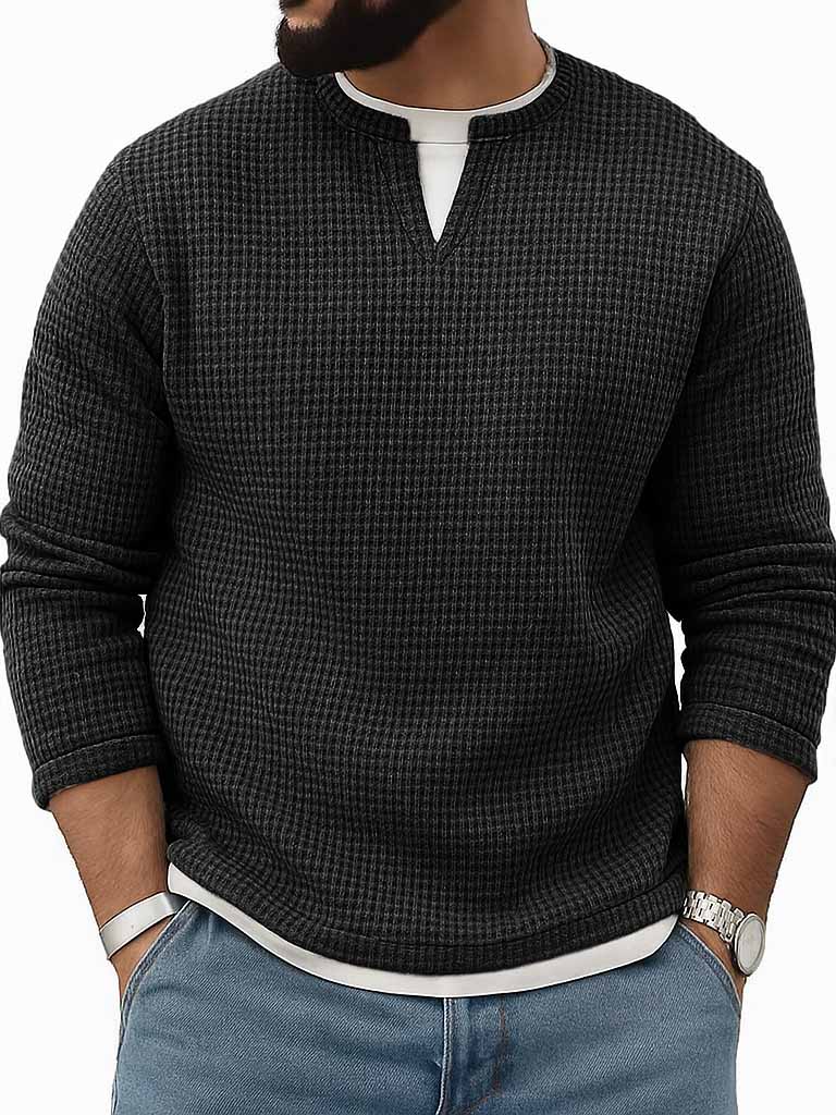 Men's Stylish Vintage Waffle Fabric V-neck Simulated Two-piece Loose-fitting Long-sleeved T-shirt