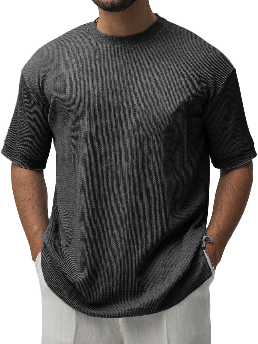 Men's Fashion Casual Ribbed Fabric Short-sleeved Crew Neck T-shirt