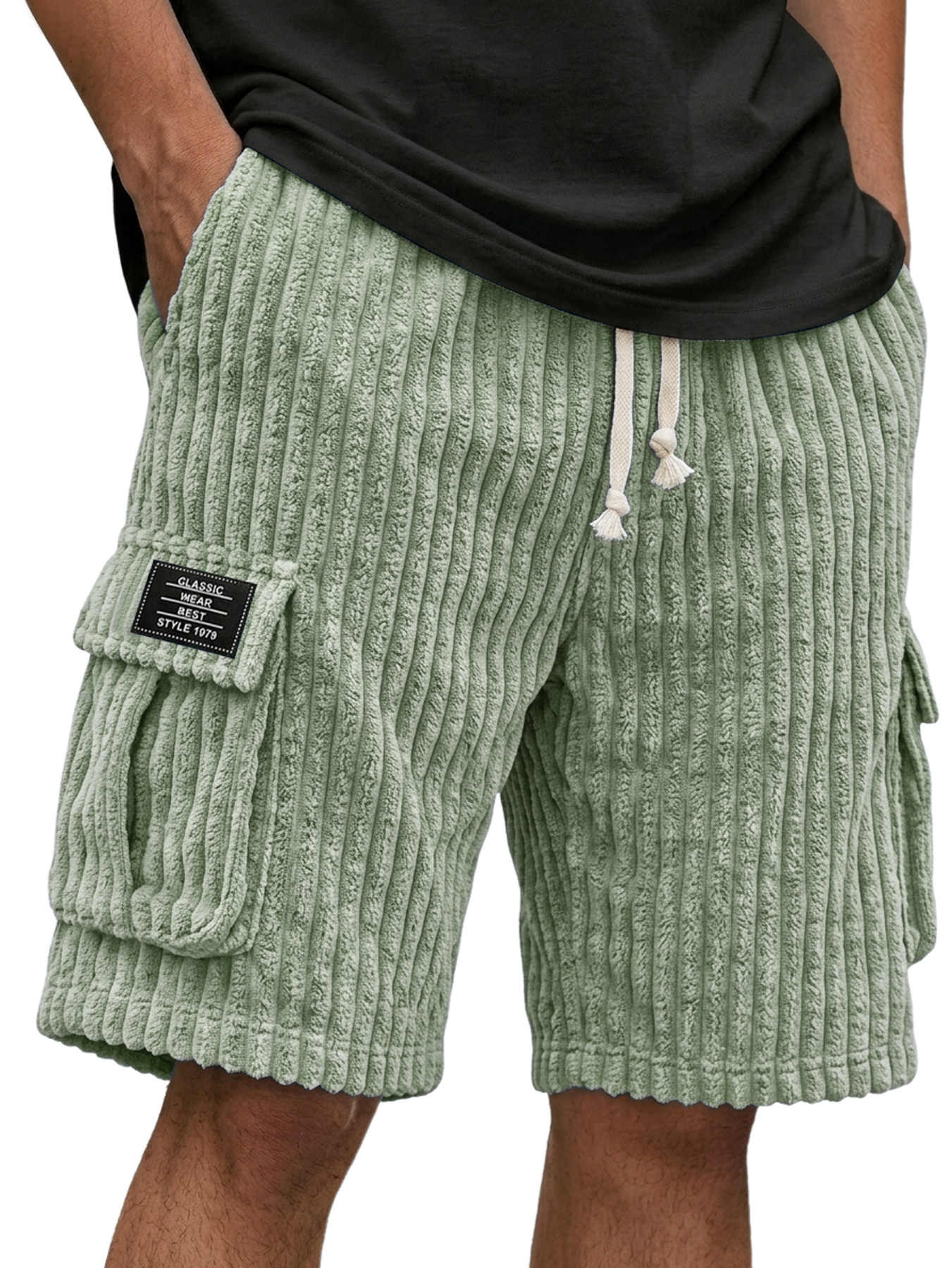 Men's Corduroy Multi-Pocket Embroidered Logo Casual Cargo Shorts