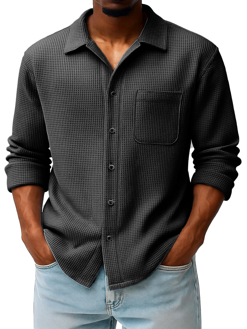 Men's Fashion Casual Waffle Fabric Pocket Long Sleeve Lapel Shirt