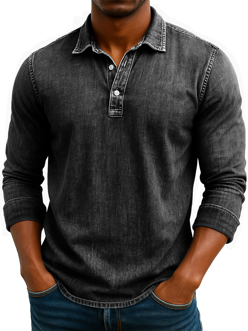 Men's Stylish Retro Washed And Distressed Lapel Long-sleeved Polo Shirt