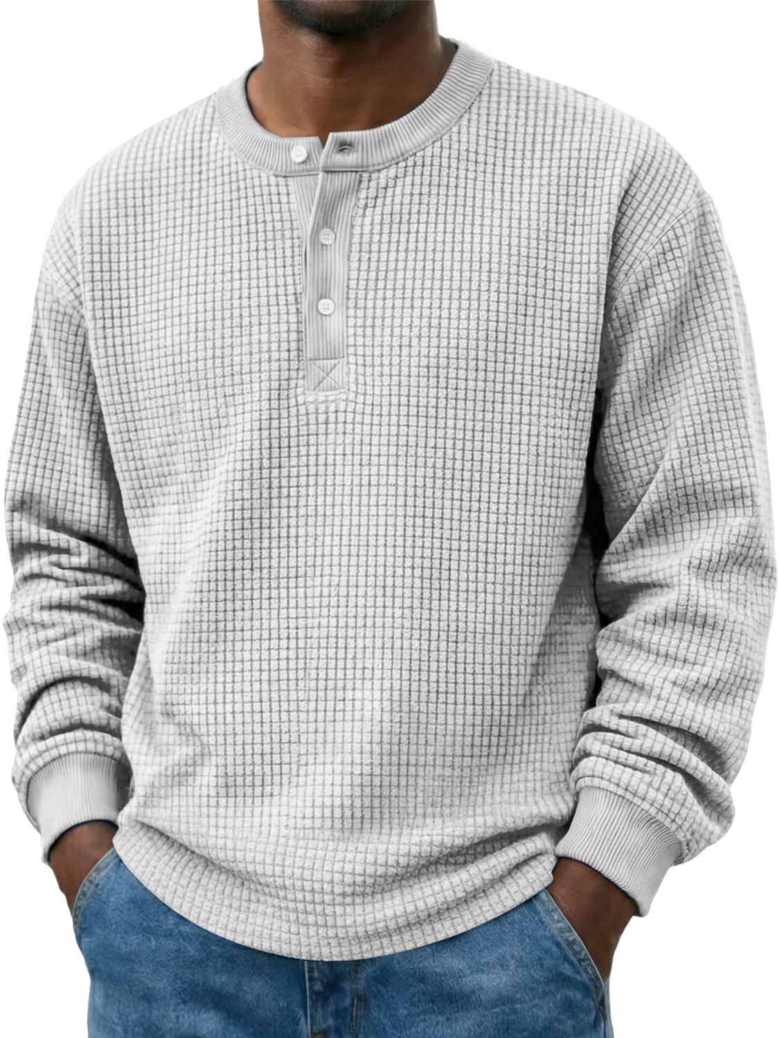 Men's Casual Corduroy Waffle-knit Solid Color Long-sleeved Henley Shirt
