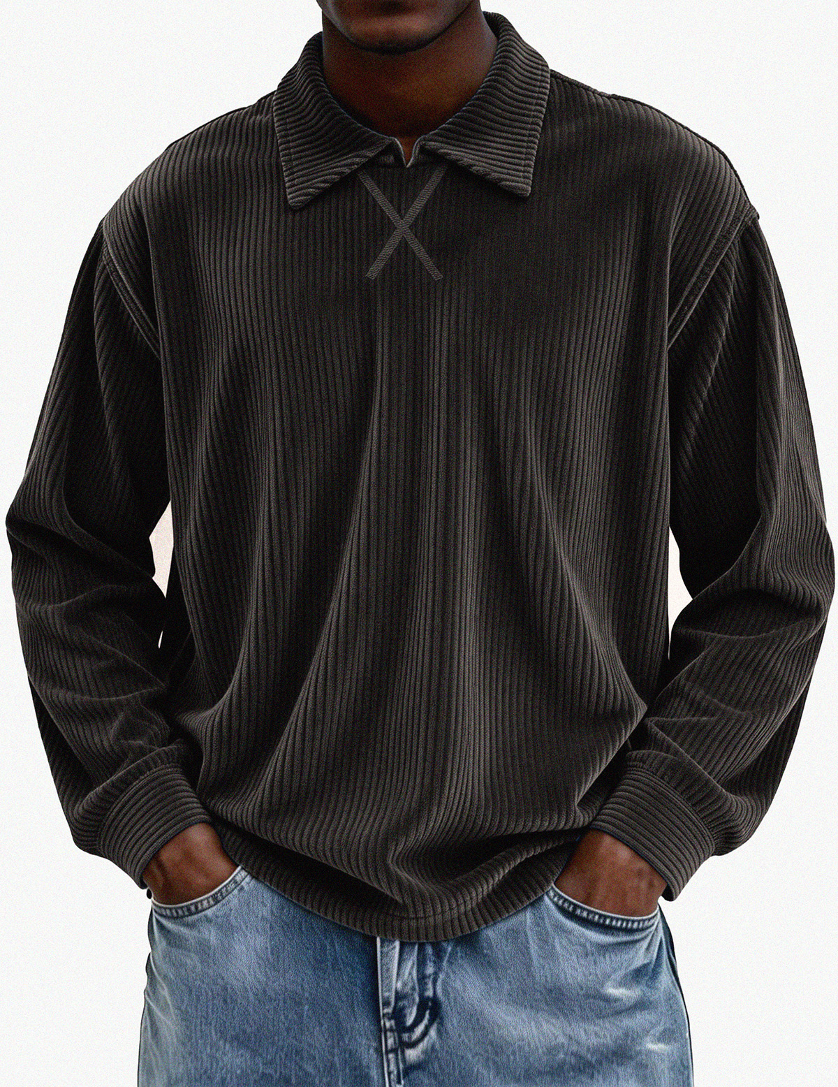 Retro-style Long-sleeved Collared Polo Shirt