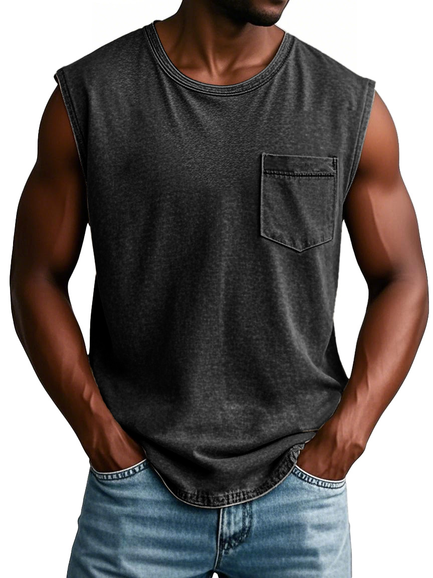 Men's Fashion Retro Round Neck Sleeveless Pocket T-shirt
