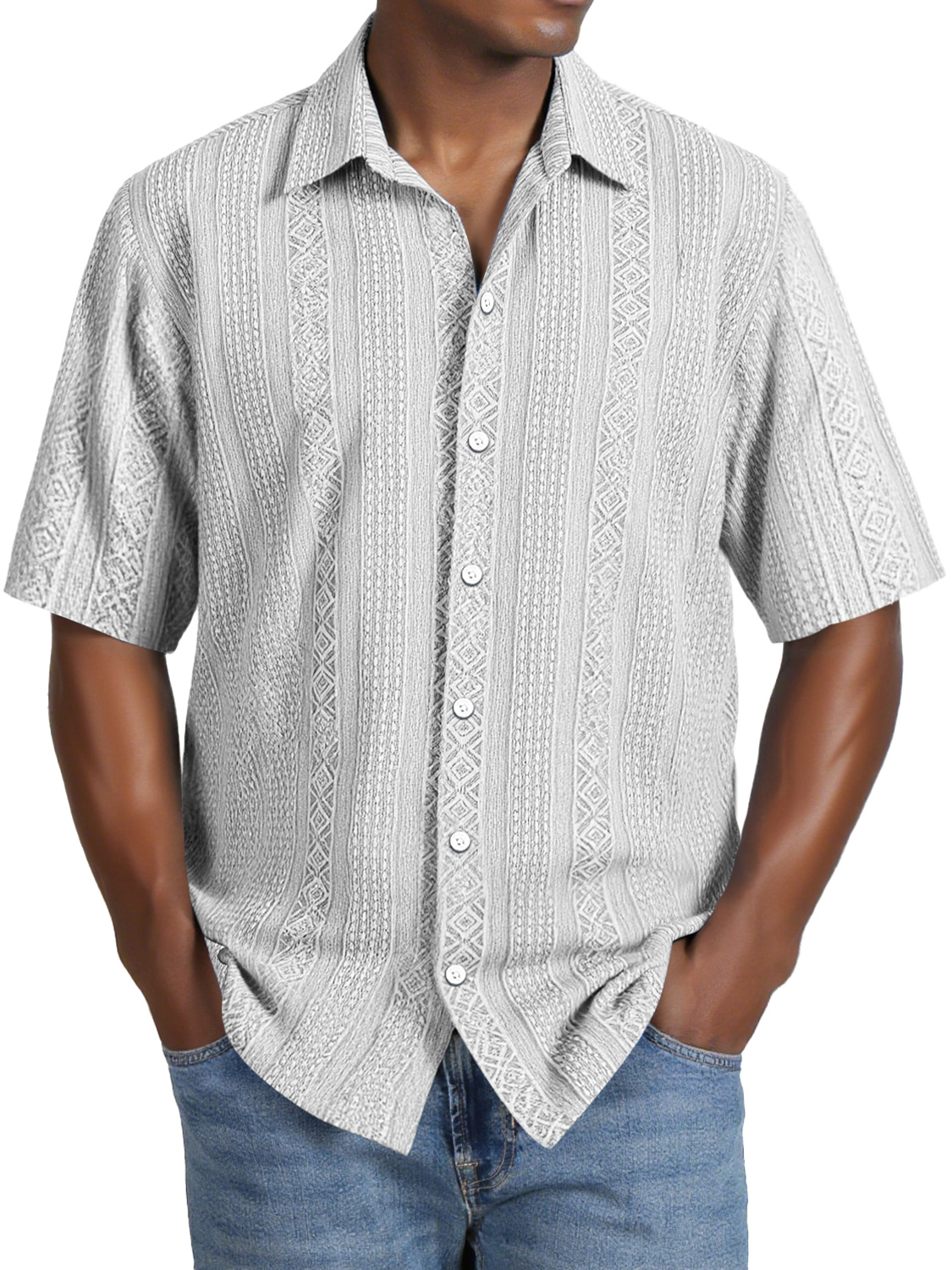 Men's Daily Casual Jacquard Texture Lapel Comfortable Short-sleeved Shirt