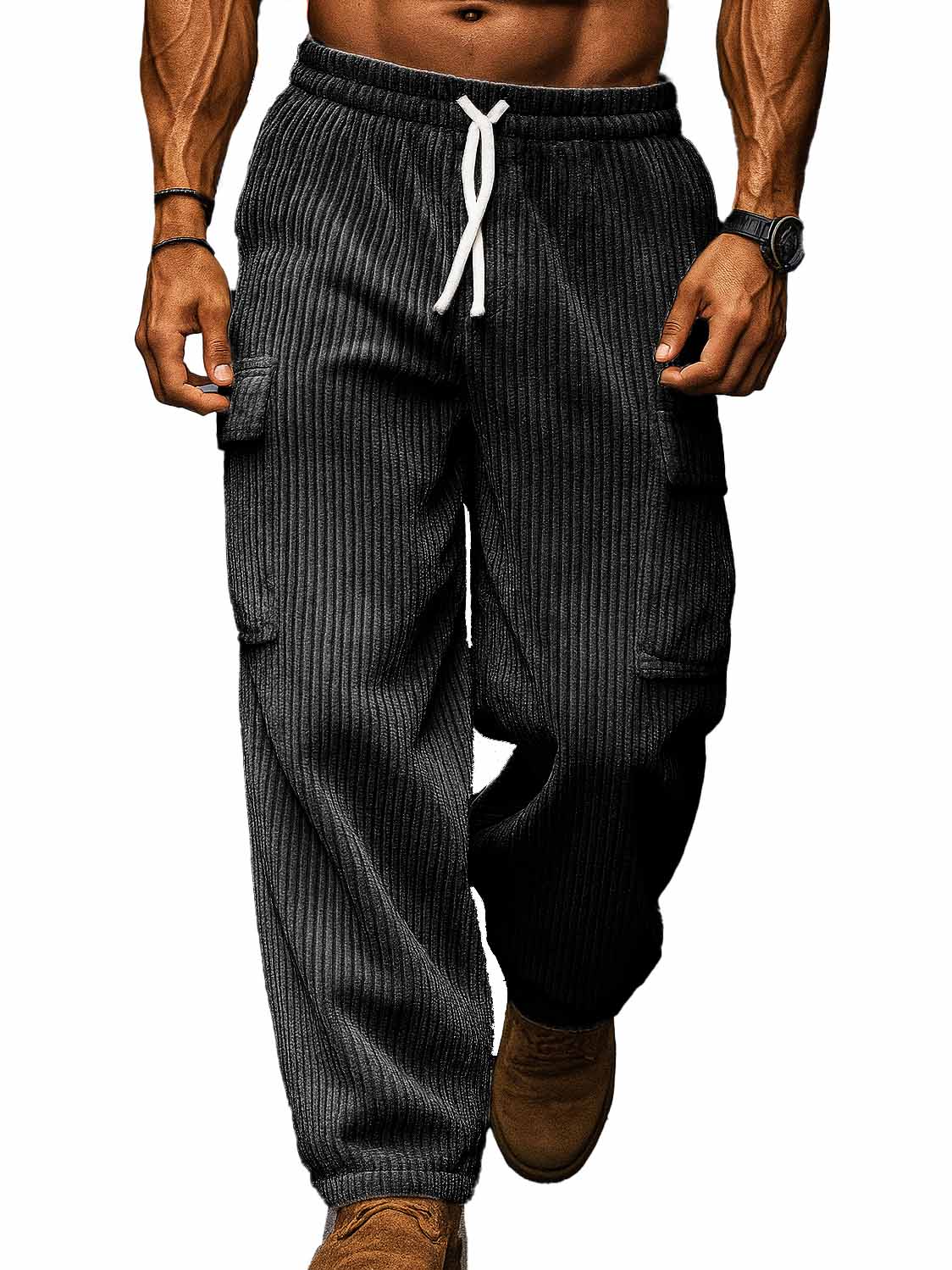 Men's Fashion Casual Workwear Pocket Corduroy Fabric Drawstring Loose Trousers