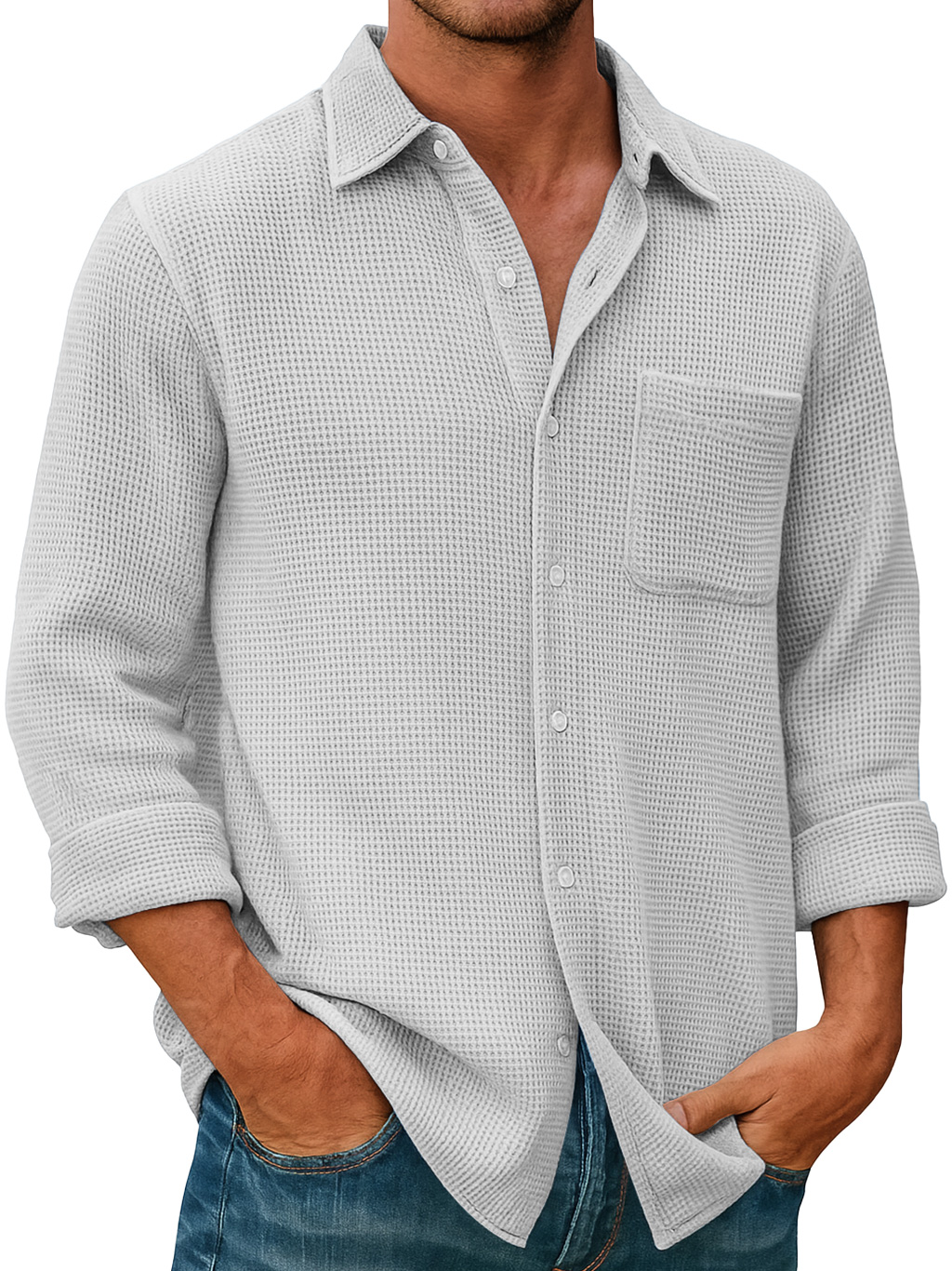 Men's Waffle Everyday Casual Pocket Comfort Long Sleeve Shirt