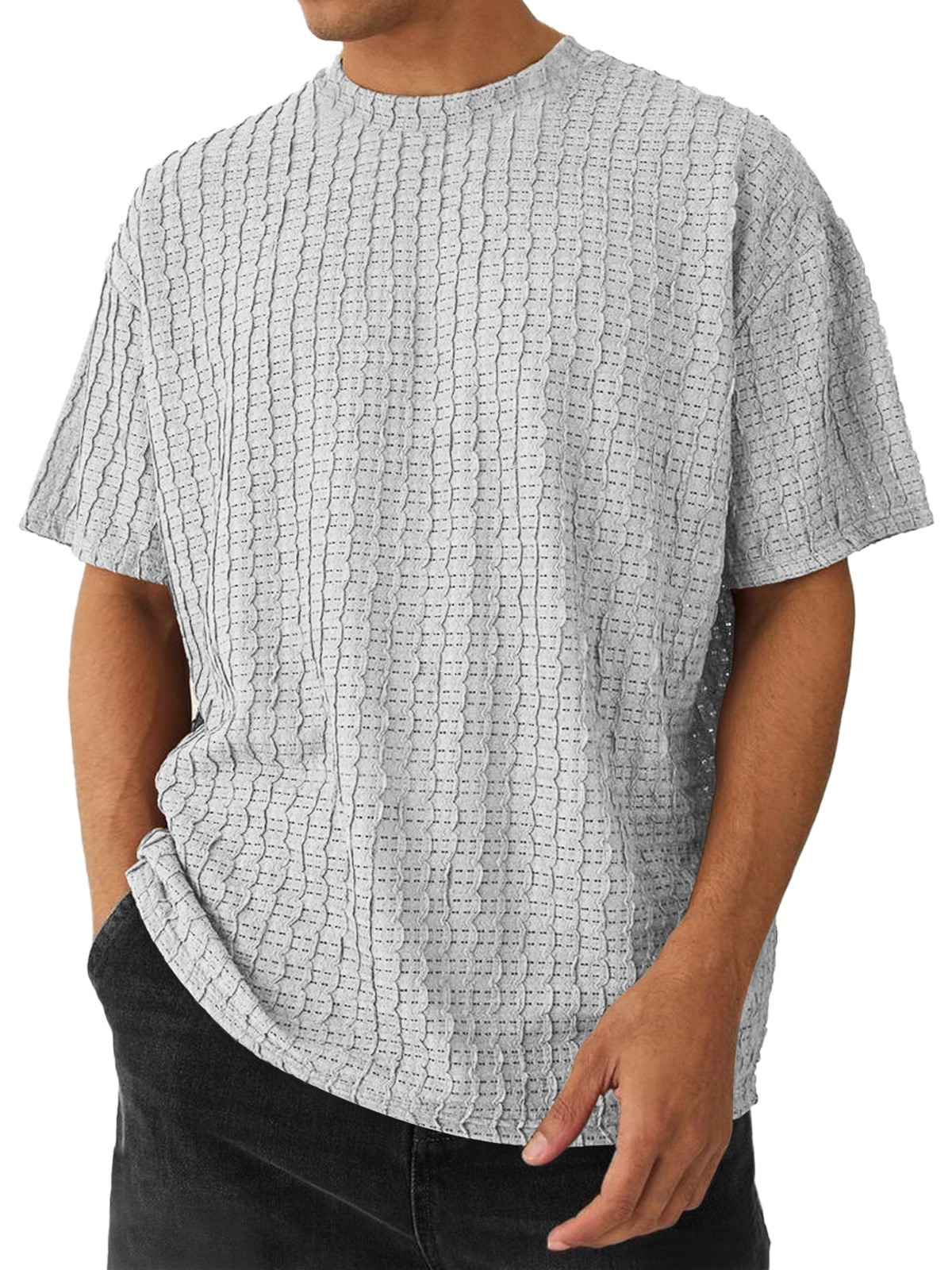 Men's Round Neck Casual Texture Solid Color Short-sleeved T-shirt