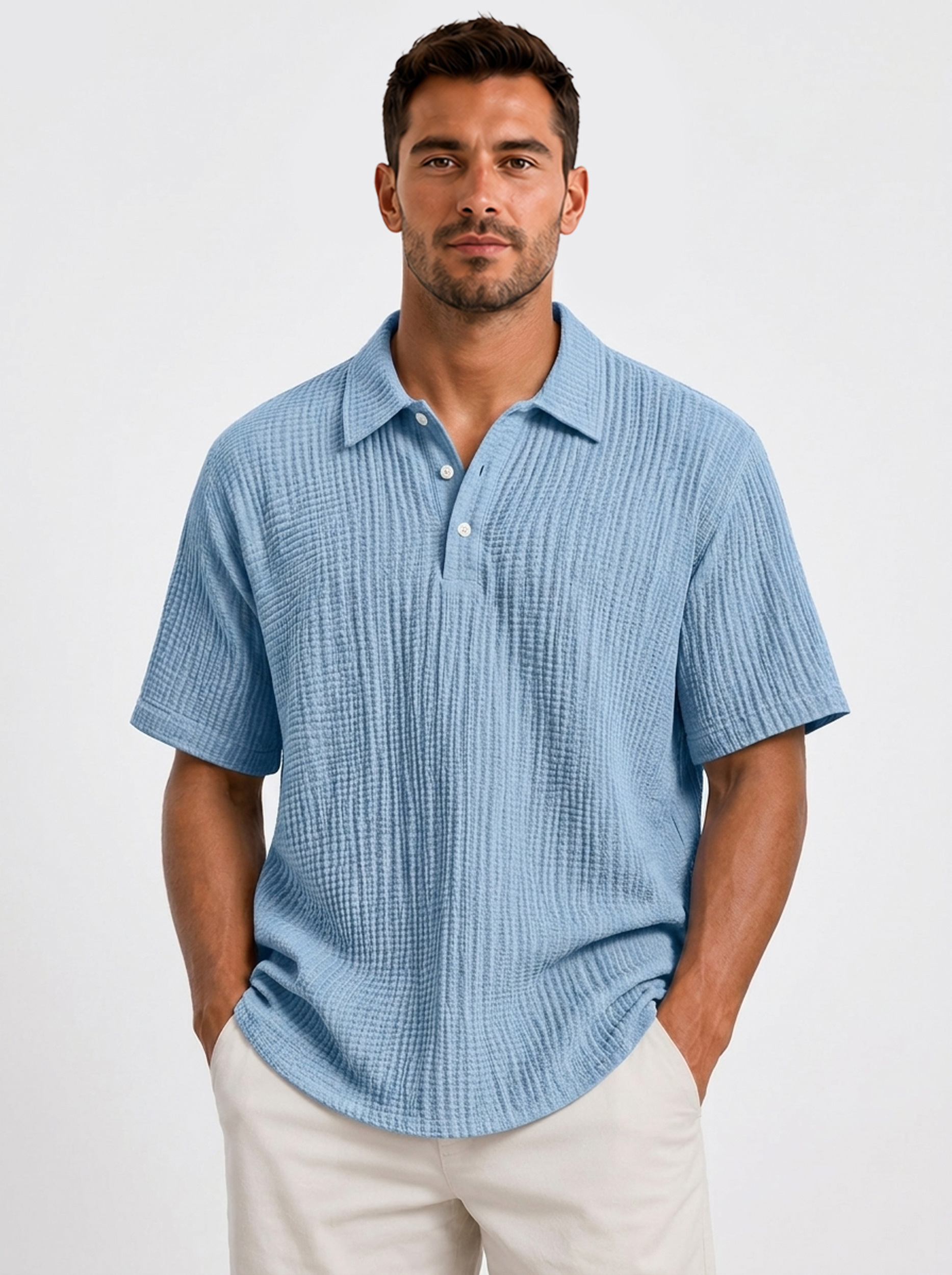 Men's Casual Short-Sleeve Polo Shirt with Pleated Collar and Button Placket