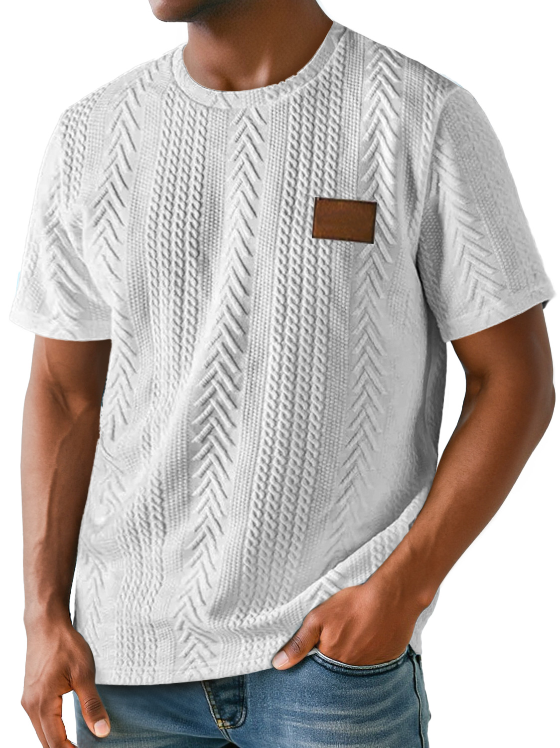 Men's Daily Round Neck Simple Texture Embroidered Label Casual Solid Color Short-sleeved T-shirt