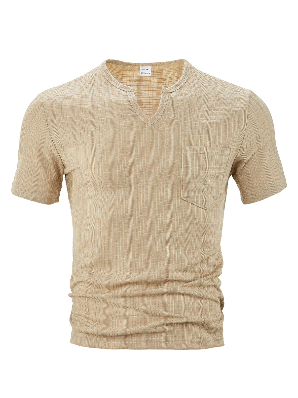 Men's V-neck Textured Pocket Solid Color Short-sleeved T-shirt