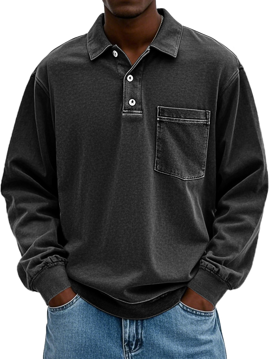 Men's Stylish Vintage Distressed Pocket Lapel Long-sleeved Polo Shirt