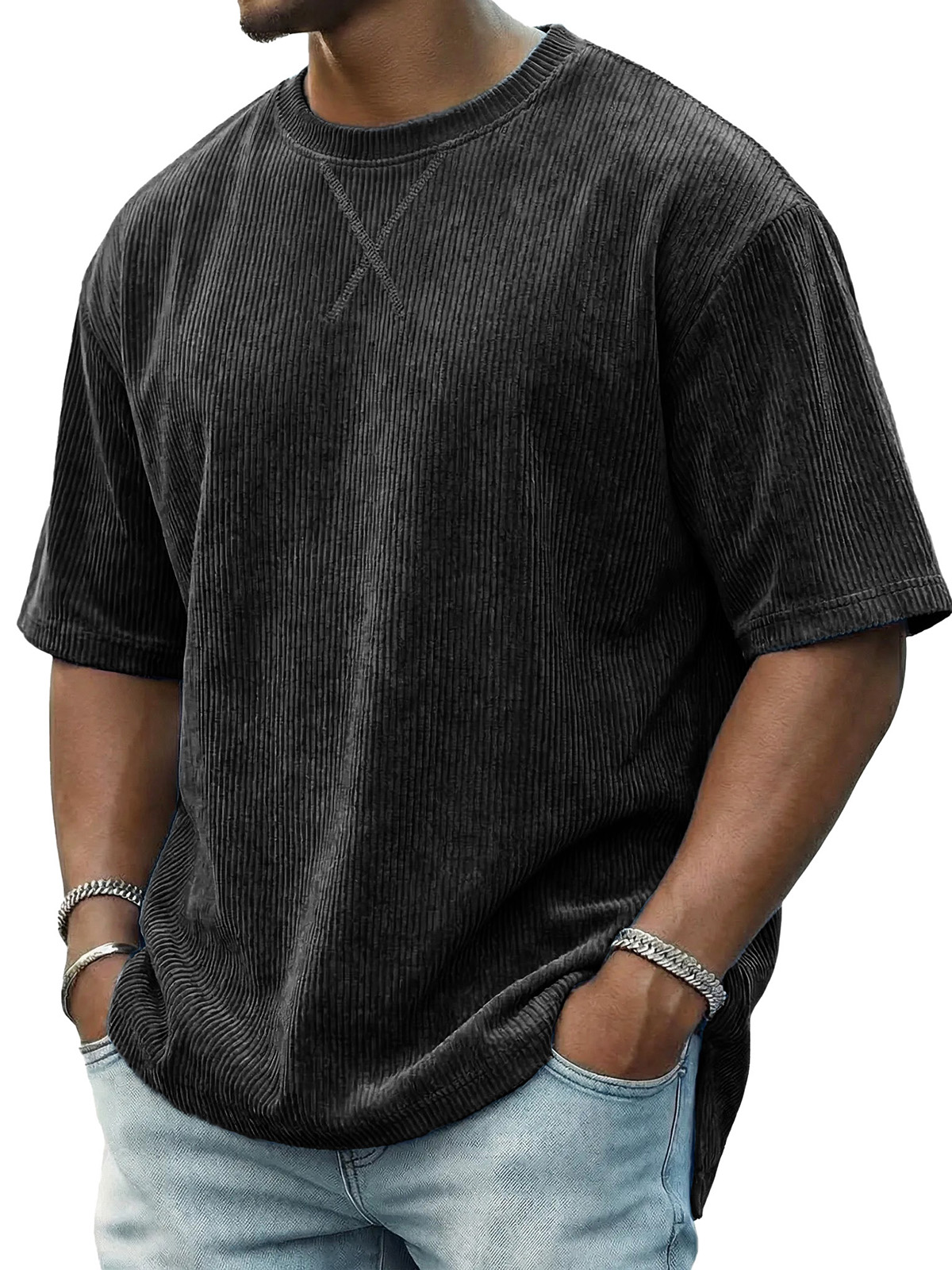 Men's Casual Fashionable Ribbed Crew Neck Short-Sleeve T-Shirt