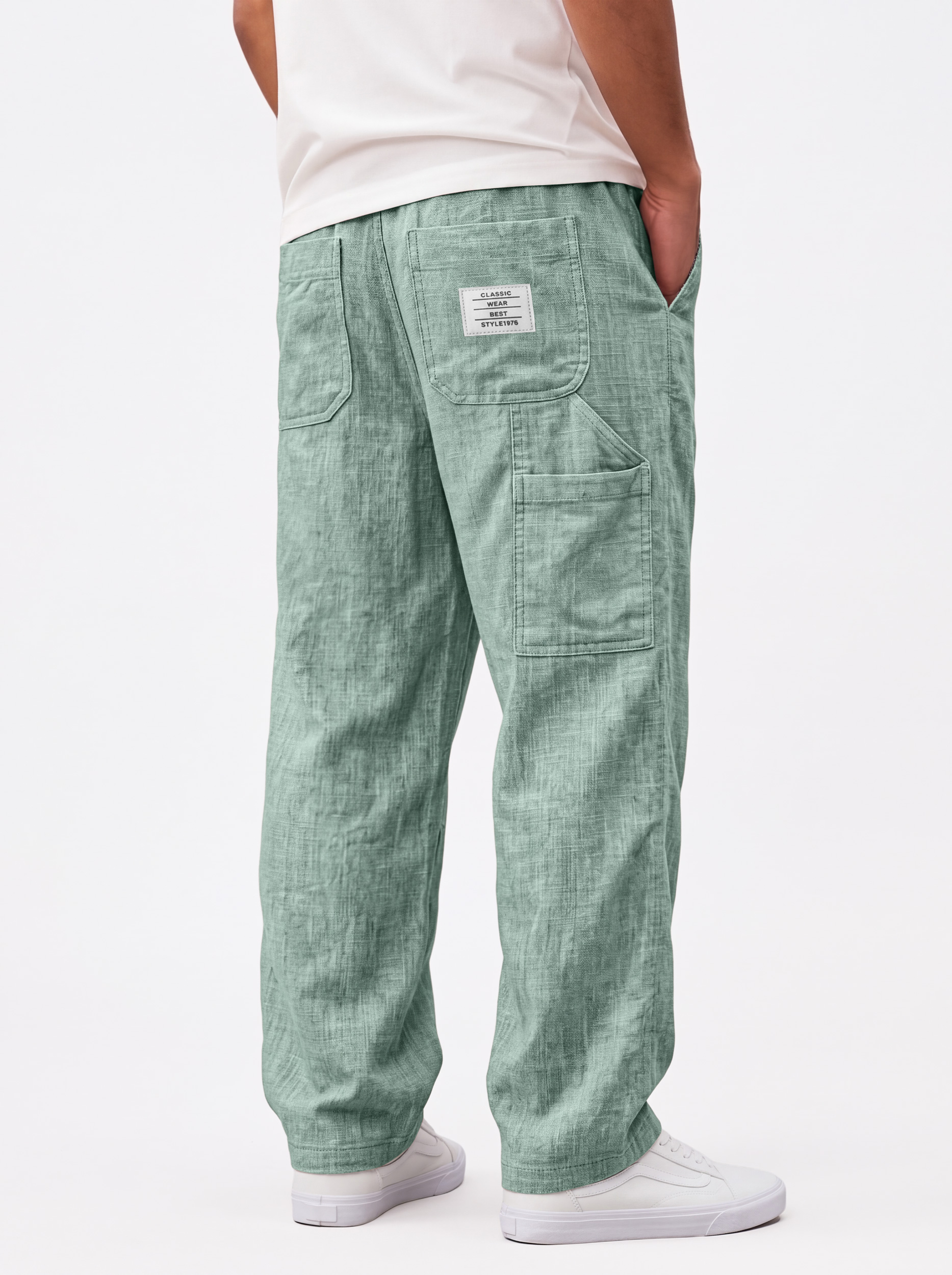 Men's Casual Linen Cargo Trousers with Embroidered Logo and Multiple Pockets