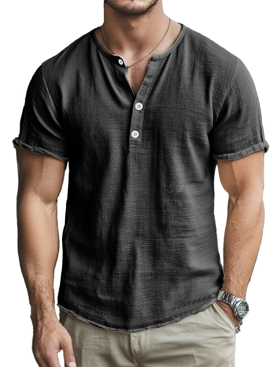 Men's Fashion Retro Linen Fabric Short-Sleeved Henley Shirt