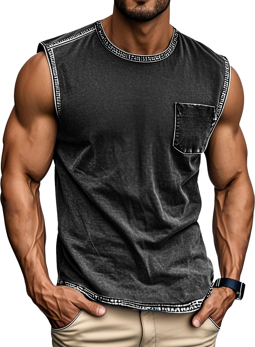 Men's Fashion Retro Distressed Round Neck Pocket Sleeveless T-shirt