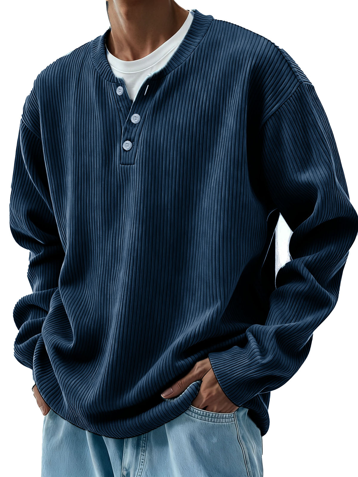 Men's Clothing Fashionable Casual Pit Strip Fabric Three-button Long-sleeved Henry Shirt