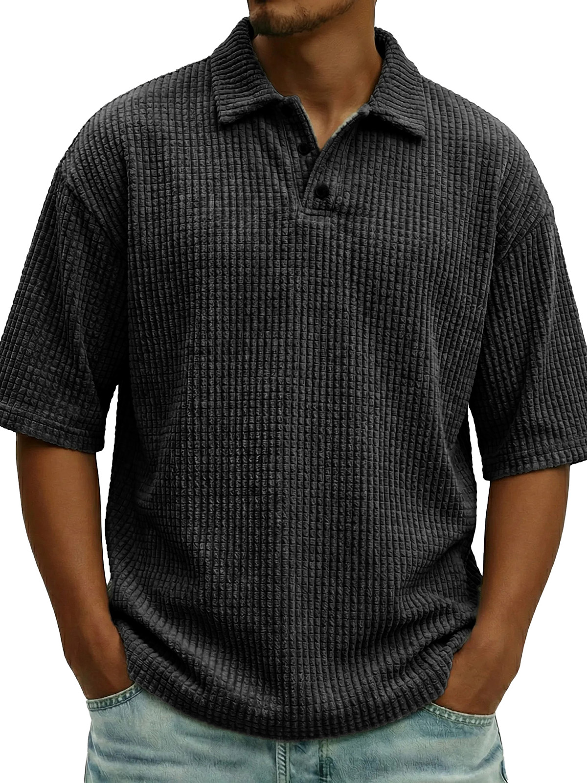 Men's Fashionable Casual Waffle Knit Collar Short-Sleeve Polo Shirt