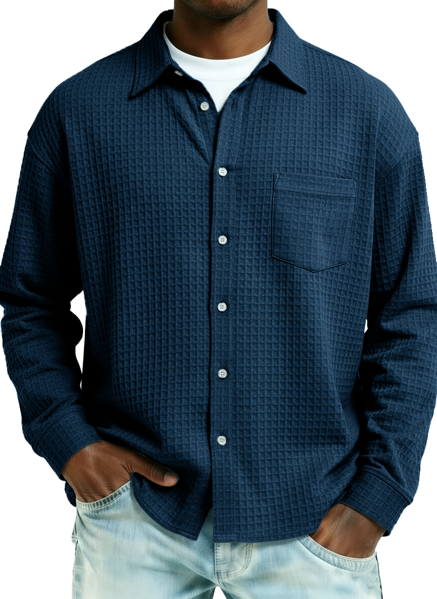 Men's Fashionable Retro Large Waffle Fabric Pocket Long-Sleeved Collared Shirt