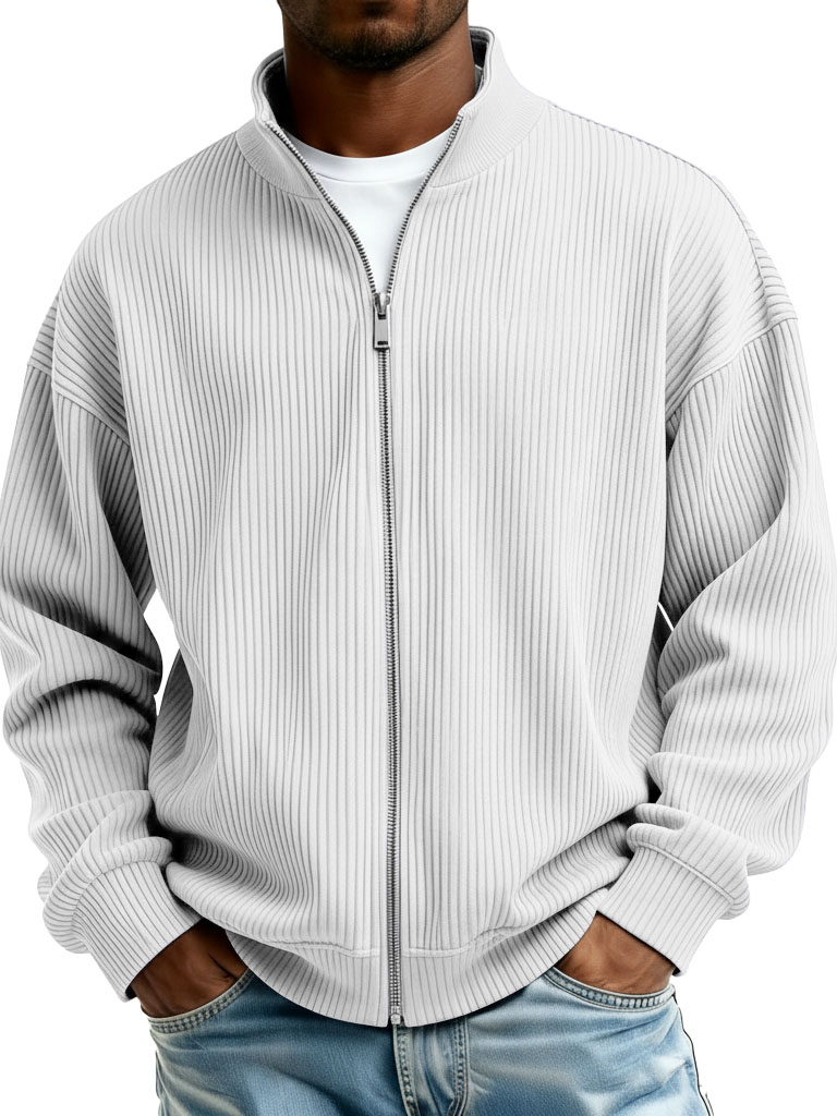 Men's Fashion Casual Stand Collar Ribbed Fabric Long-Sleeve Jacket