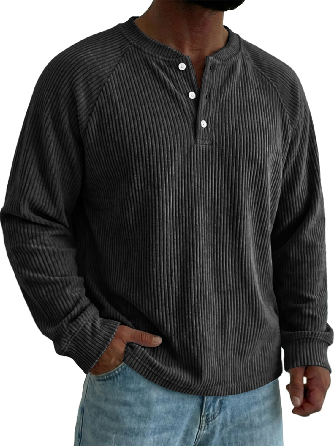 Men's Raglan Sleeve Corduroy Casual Solid Color Long-sleeved Henley Shirt