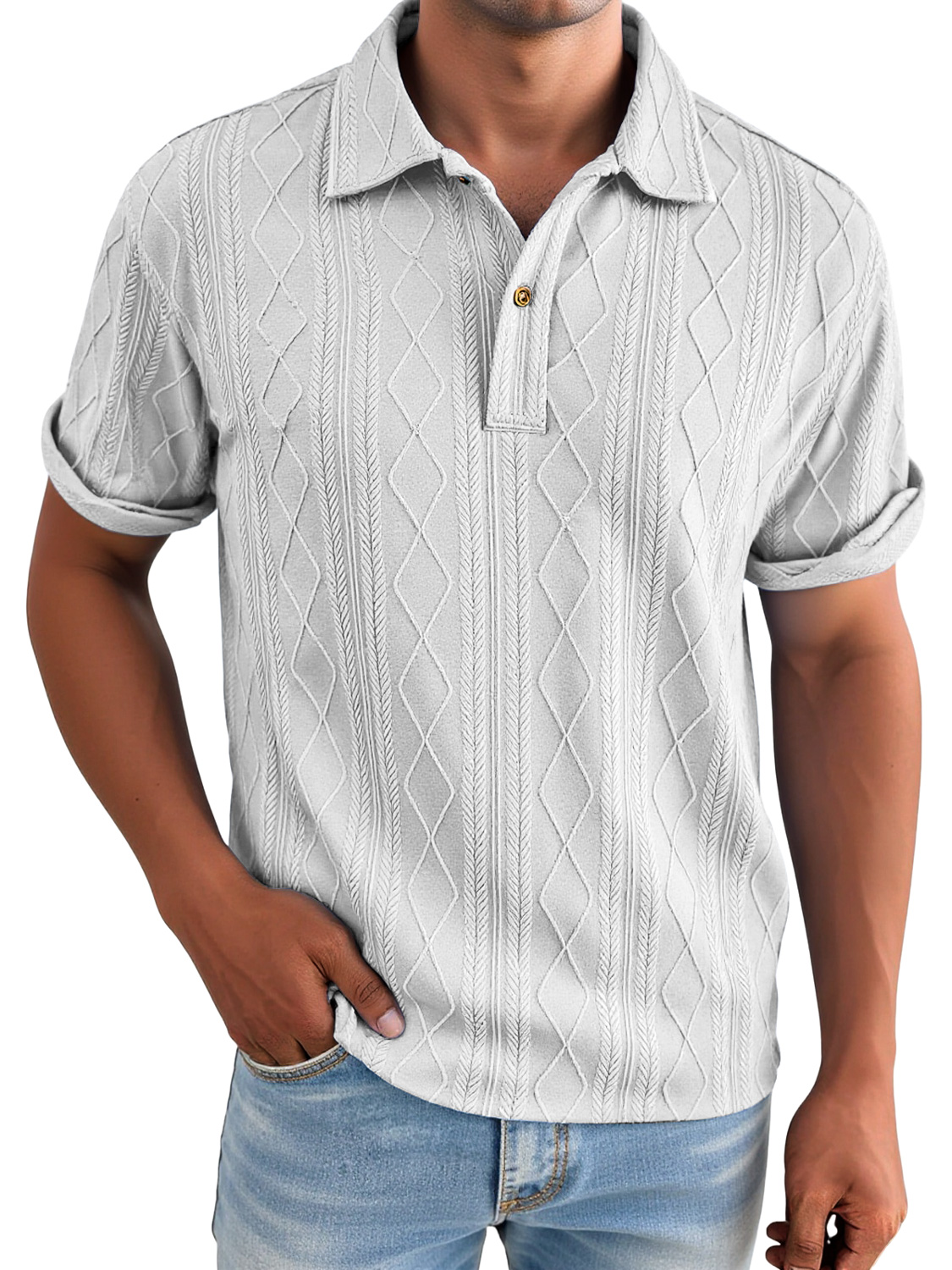 Men's Daily Jacquard Texture Casual Lapel Solid Color Short-sleeved Polo Shirt