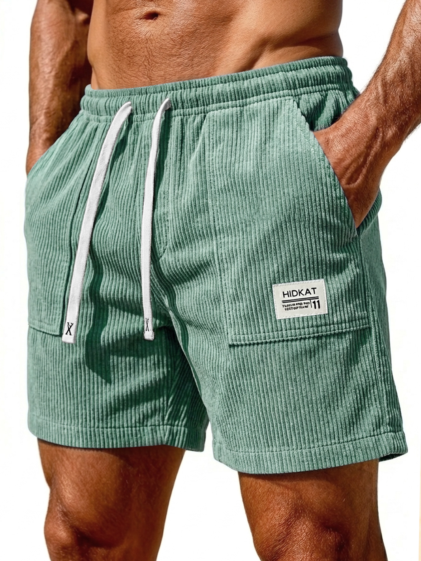 Men's Retro Corduroy Patch Pocket Embroidered Logo Casual Shorts