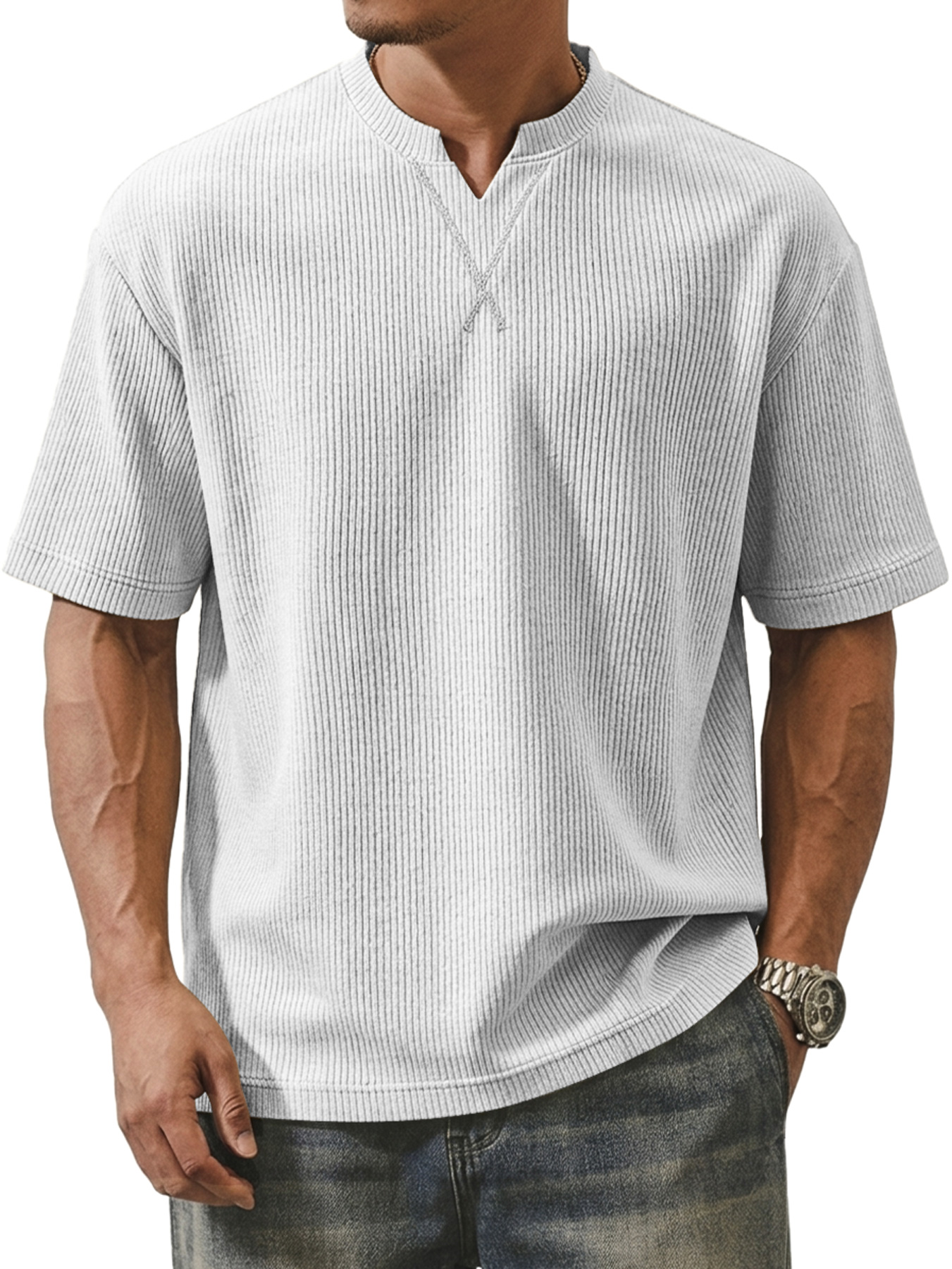 Men's Ribbed V-neck Crossover Design Casual Short-sleeve T-shirt