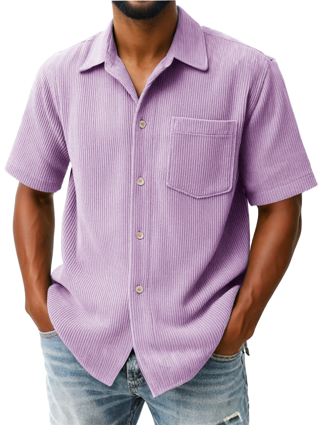 Men's Fashion Casual Ribbed Fabric Pocket Short-Sleeved Lapel Shirt