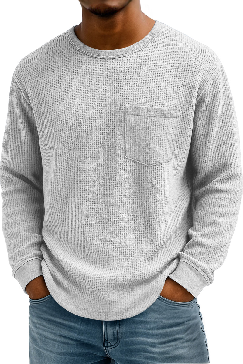 Men's Waffle Casual Crew Neck Pocket Long Sleeve T-Shirt