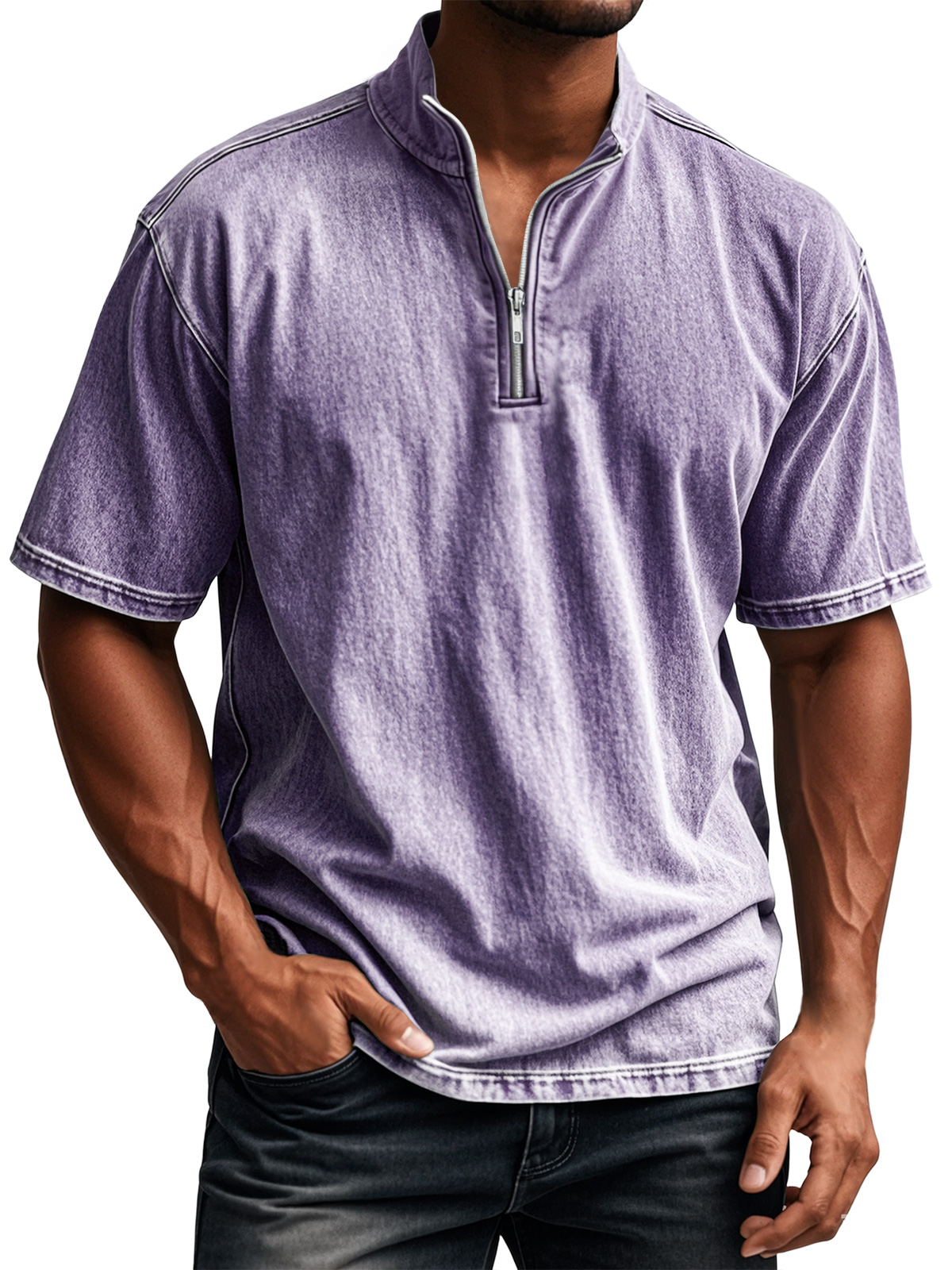 Men's Retro Everyday Stand Collar Quarter Zip Casual Short Sleeve T-Shirt